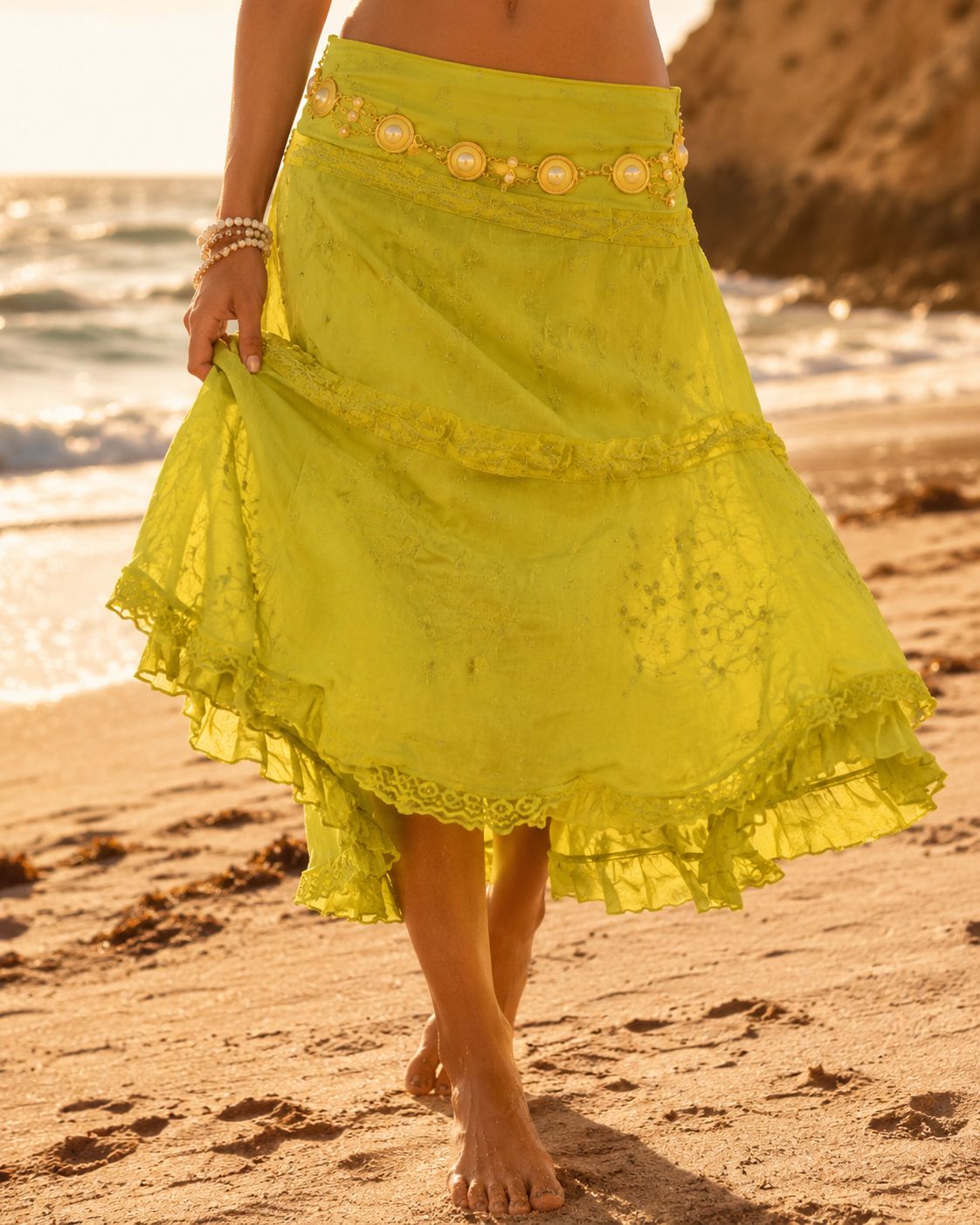 Lime layered Marea skirt on the beach